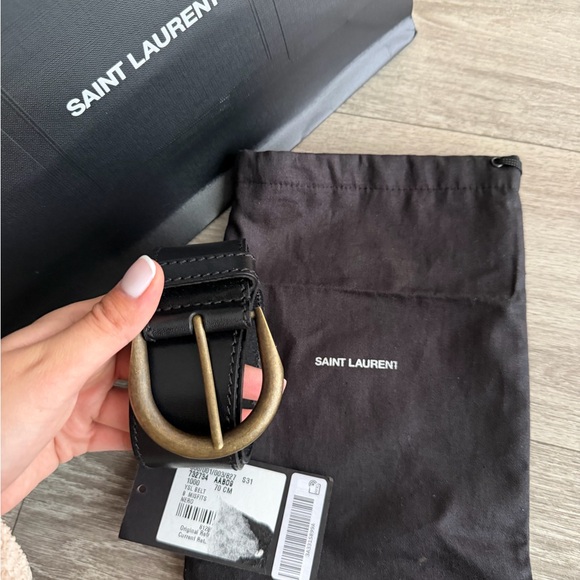YSL Black Leather Belt with Gold Buckle